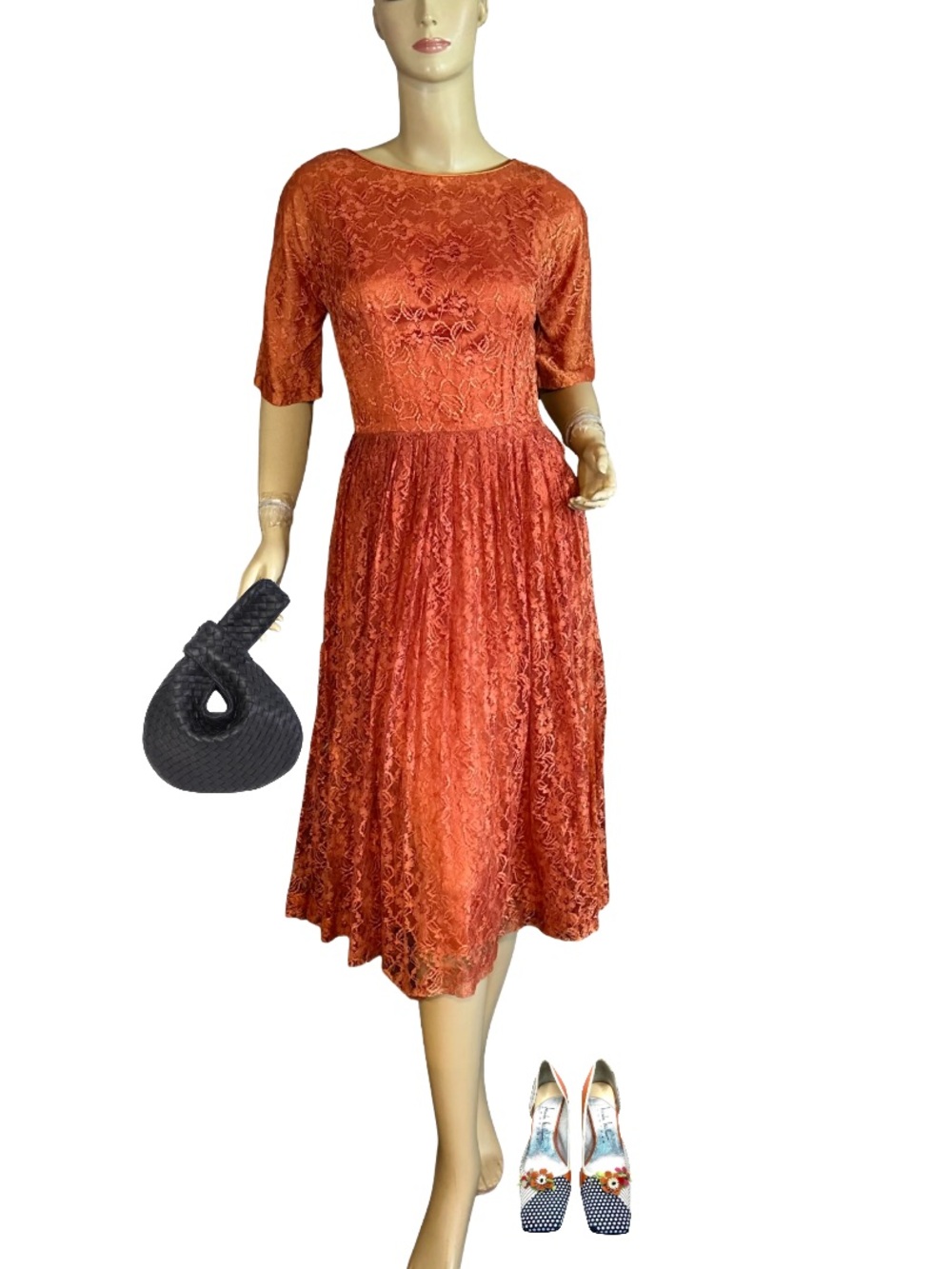 VINTAGE 1950'S HANDMADE RUST ORANGE LACE OVERLAY DAY DRESS (S)